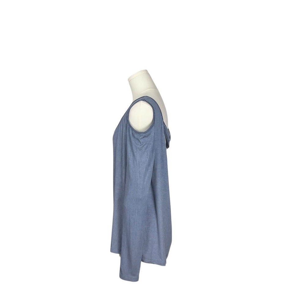 WanderLux Lyon‎ Long Sleeve Blue Ribbed Peek a Boo Key Hole Front XL Flirty Tee - Picture 4 of 7